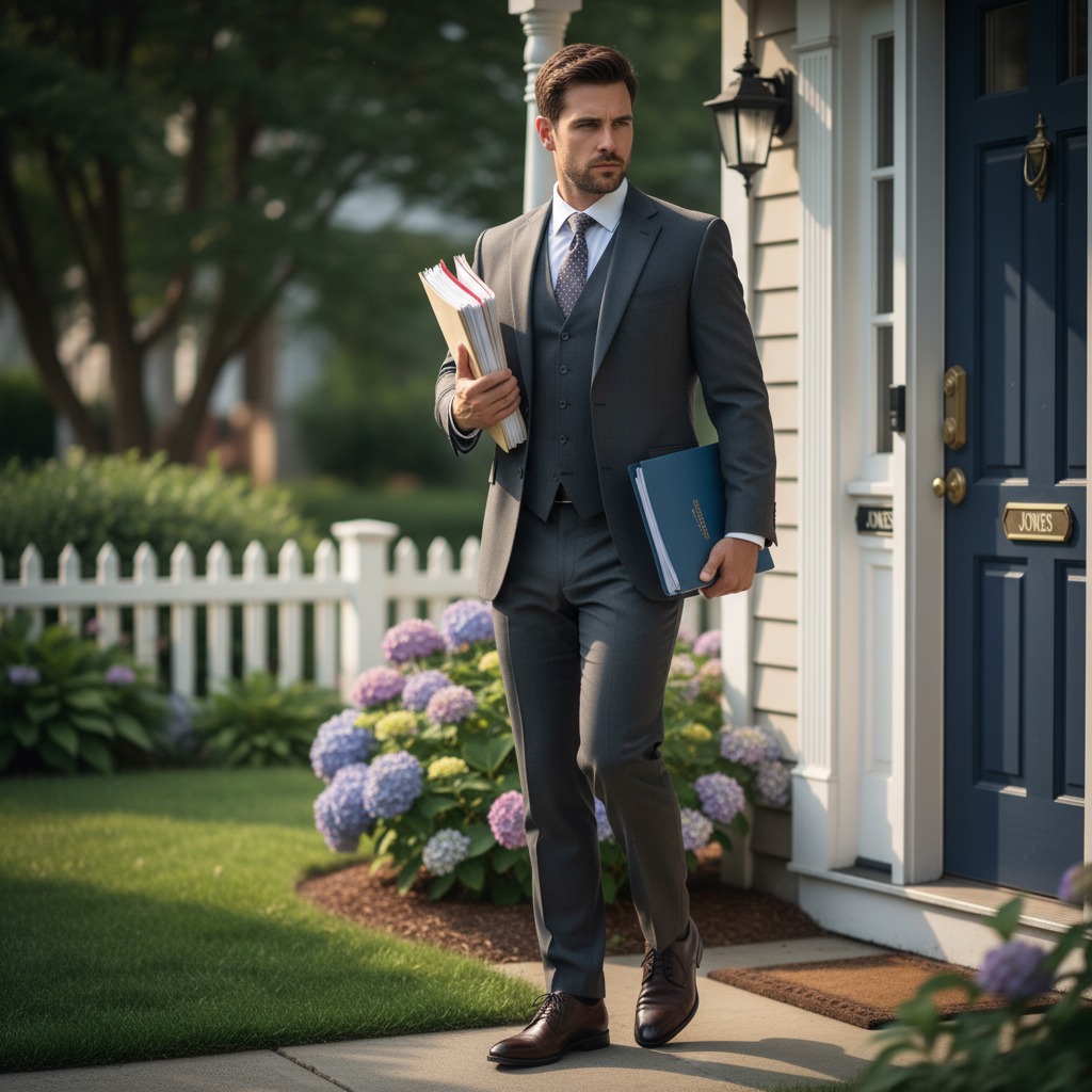 A businessman in a gray suit carrying folders walks away from a house with a blue front door.